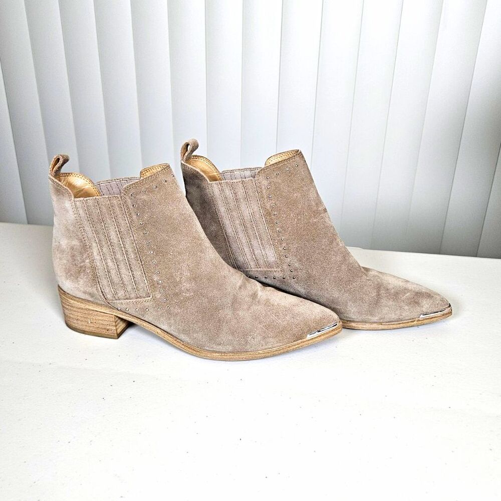Marc Fisher LTD Yale Beige Suede Chelsea Ankle Boot Studded Pull On US 8.5 M